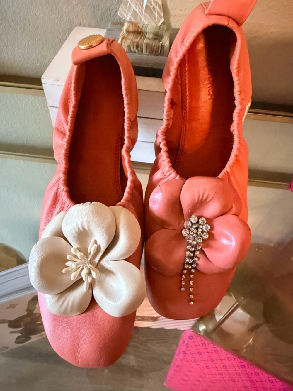 Tory Burch Coral Ballet Flats with Ivory Floral Detail